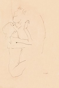 The Kiss (1911) by <a href="https://www.rawpixel.com/search/Egon%20Schiele?sort=curated&amp;freecc0=1&amp;page=1">Egon Schiele</a>. Original female line art drawing from The MET museum. Digitally enhanced by rawpixel.