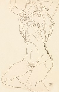 Woman undressing. Seminude with Arms Raised (1914) by Egon Schiele. Original female line art drawing from The MET museum. Digitally enhanced by rawpixel.