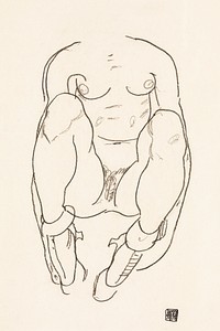 Naked woman spreading legs. Torso of a Seated Woman with Boots (1918) by <a href="https://www.rawpixel.com/search/Egon%20Schiele?sort=curated&amp;freecc0=1&amp;page=1">Egon Schiele</a>. Original female line art drawing from The MET museum. Digitally enhanced by rawpixel.