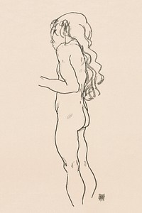 Standing Nude Girl, Facing Left (1918) by Egon Schiele. Original female line art drawing from The MET museum. Digitally enhanced by rawpixel.