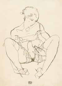 Woman spreading legs. Seated Woman in Chemise (1914) by <a href="https://www.rawpixel.com/search/Egon%20Schiele?sort=curated&amp;freecc0=1&amp;page=1">Egon Schiele</a>. Original female line art drawing from The MET museum. Digitally enhanced by rawpixel.