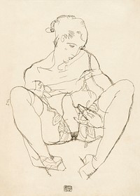 Woman spreading legs. Seated Woman in Chemise (1914) by Egon Schiele. Original female line art drawing from The MET museum. Digitally enhanced by rawpixel.