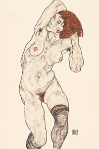 Naked lady. Nude in Black Stocking (1917) by <a href="https://www.rawpixel.com/search/Egon%20Schiele?sort=curated&amp;freecc0=1&amp;page=1">Egon Schiele</a>. female line art drawing from The MET museum. Digitally enhanced by rawpixel.