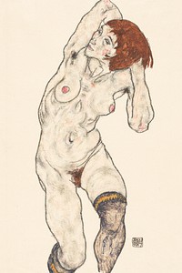 Naked lady. Nude in Black Stocking (1917) by Egon Schiele. female line art drawing from The MET museum. Digitally enhanced by rawpixel.