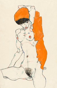 Vulgar naked woman. Standing Nude with Orange Drapery (1914) by <a href="https://www.rawpixel.com/search/Egon%20Schiele?sort=curated&amp;freecc0=1&amp;page=1">Egon Schiele</a>. Original female line art drawing from The MET museum. Digitally enhanced by rawpixel.