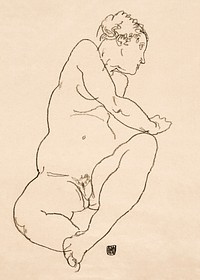 Female Nude Bending to the Left (1918) by <a href="https://www.rawpixel.com/search/Egon%20Schiele?sort=curated&amp;freecc0=1&amp;page=1">Egon Schiele</a>. Original female line art drawing from The MET museum. Digitally enhanced by rawpixel.