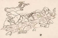 Mountain Stream (1917) by <a href="https://www.rawpixel.com/search/Egon%20Schiele?sort=curated&amp;freecc0=1&amp;page=1">Egon Schiele</a>. Original line art drawing from The MET museum. Digitally enhanced by rawpixel.