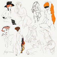 Vintage woman psd illustration set remixed from the artworks of Egon Schiele.