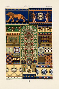 Assyrian pattern. Digitally enhanced from our own original 1888 edition from L'ornement Polychrome by Albert Racine (1825–1893).