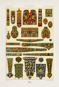 16th Century pattern. Digitally enhanced from our own original 1888 edition from L'ornement Polychrome by Albert Racine (1825–1893).