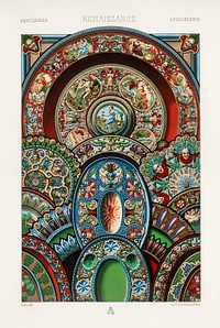 Renaissance pattern. Digitally enhanced from our own original 1888 edition from L'ornement Polychrome by Albert Racine (1825–1893).