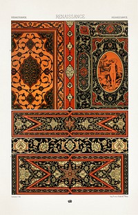 Renaissance pattern. Digitally enhanced from our own original 1888 edition from L'ornement Polychrome by Albert Racine (1825–1893).
