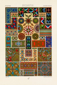 Byzantine pattern. Digitally enhanced from our own original 1888 edition from L'ornement Polychrome by Albert Racine (1825–1893).