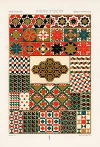 Roman-Byzantine pattern. Digitally enhanced from our own original 1888 edition from L'ornement Polychrome by Albert Racine (1825–1893).