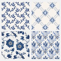 Antique blooming flowers psd floral pattern background image set