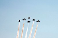At NASA&#39;s Kennedy Space Center, the U.S. Navy F-18 Super Hornets demonstrate their formation flying during the World Space Expo aerial salute. Original from NASA. Digitally enhanced by rawpixel.