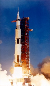 The photograph of the Saturn V launch vehicle (SA-506) for the Apollo 11 mission liftoff on July 16, 1969, from launch complex 39A at the Kennedy Space Center. Original from NASA. Digitally enhanced by rawpixel.