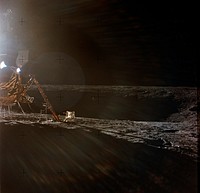 A photograph of the Apollo 12 lunar landing site taken during the extravehicular activity (EVA) of astronauts Charles Conrad Jr., commander; and Alan L. Bean, lunar module pilot. Original from NASA. Digitally enhanced by rawpixel.