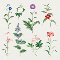 Classic floral design element psd set, vintage Japanese art remix from the David Murray collection