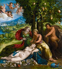 Mythological Scene print in high resolution by Dosso Dossi (1490-1542). Original from Getty Museum. Digitally enhanced by rawpixel.