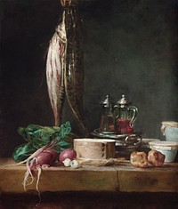 Still Life with Fish, Vegetables, Gougères, Pots, and Cruets on a Table painting in high resolution by Jean-Siméon (1699-1779). Original from Getty Museum. Digitally enhanced by rawpixel.