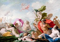 Marine Gods Paying Homage to Love painting in high resolution by Eustache Le Sueur (1616-1655). Original from Getty Museum. Digitally enhanced by rawpixel.