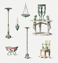 Antique object sticker, vintage hand drawn furniture design element psd set