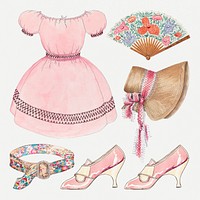 Vintage child&#39;s dress and accessories psd set