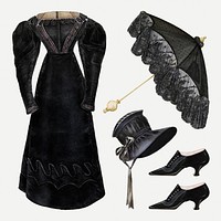 Vintage black dress and black accessory psd set