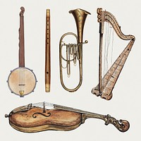Antique musical instruments psd design element set, remixed from public domain collection