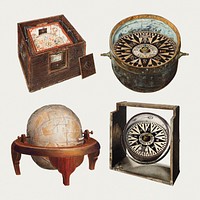 Antique globe and compass psd design element set, remixed from public domain collection
