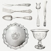 Antique silverware psd design element set, remixed from public domain collection