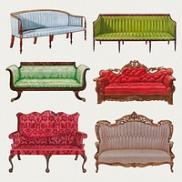Vintage sofa illustration psd set, remixed from public domain collection