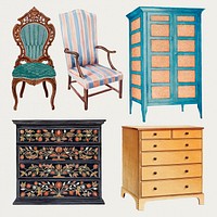 Vintage furniture psd illustration set, remixed from public domain collection