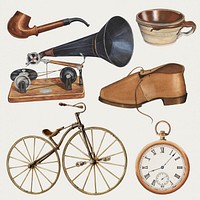 Antique men's accessories psd design element set, remixed from public domain collection