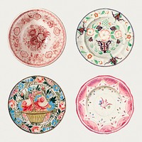 Vintage plate illustration psd set, remixed from public domain collection