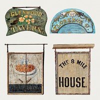 Antique wooden shop sign psd design element set, remixed from public domain collection