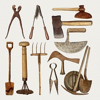 Antique gardening tools psd design element set, remixed from public domain collection