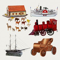 Antique children's toys psd design element set, remixed from public domain collection