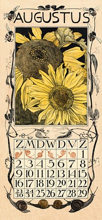 Kalenderblad augustus met zonnebloemen (1902) print in high resolution by Theo van Hoytema. Original from The Rijksmuseum. Digitally enhanced by rawpixel.