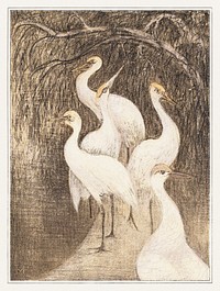Zes kraanvogels aan de waterkant (1878&ndash;1910) print in high resolution by Theo van Hoytema. Original from The Rijksmuseum. Digitally enhanced by rawpixel.