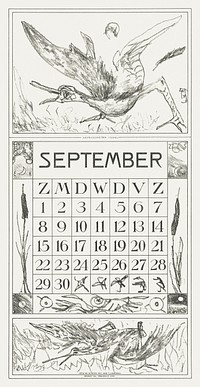 Kalenderblad september met aangeschoten vogel (1917) print in high resolution by <a href="https://www.rawpixel.com/search/Theo%20van%20Hoytema?sort=curated&amp;page=1">Theo van Hoytema</a>. Original from The Rijksmuseum. Digitally enhanced by rawpixel.