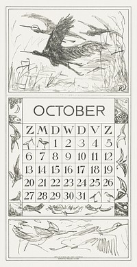 Kalenderblad oktober met trekvogels (1917) print in high resolution by <a href="https://www.rawpixel.com/search/Theo%20van%20Hoytema?sort=curated&amp;page=1">Theo van Hoytema</a>. Original from The Rijksmuseum. Digitally enhanced by rawpixel.
