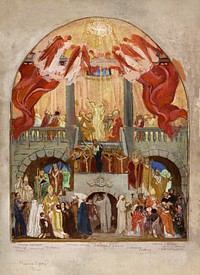 Sketch for the Church of the Holy Spirit (XIIth arrondissement): Pentecost, the Roman Church, the Eastern Church (Esquisse pour l'église du Saint-Esprit (XIIe arr.) : La Pentecôte, l'Eglise romaine, l'Eglise d'Orient.) (1935) painting in high resolution by Maurice Denis. Original from The Public Institution Paris Musées. Digitally enhanced by rawpixel.