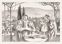 Italian landscape with mother and child and three singing girls (Italiaans landschap met moeder en kind en drie zingende meisjes) (1923) print in high resolution by <a href="https://www.rawpixel.com/search/Maurice%20Denis?sort=curated&amp;page=1&amp;topic_group=_my_topics">Maurice Denis</a>. Original from The Rijksmuseum. Digitally enhanced by rawpixel.