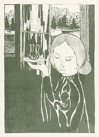 Woman with water jug on tray (Vrouw met waterkan op dienblad) (1894) print in high resolution by Maurice Denis. Original from The Rijksmuseum. Digitally enhanced by rawpixel.