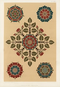 Pattern featuring roses. Digitally enhanced from our own original first edition of The Practical Decorator and Ornamentist (1892) by G.A Audsley and M.A. Audsley.