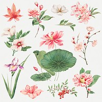 Vintage Japanese plant psd art print, remix from artworks by Megata Morikaga