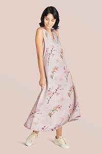 Long dress mockup psd floral pattern in pink, remix from artworks by Megata Morikaga