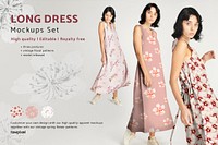 Long dress mockups editable template floral pattern psd, remix from artworks by Megata Morikaga